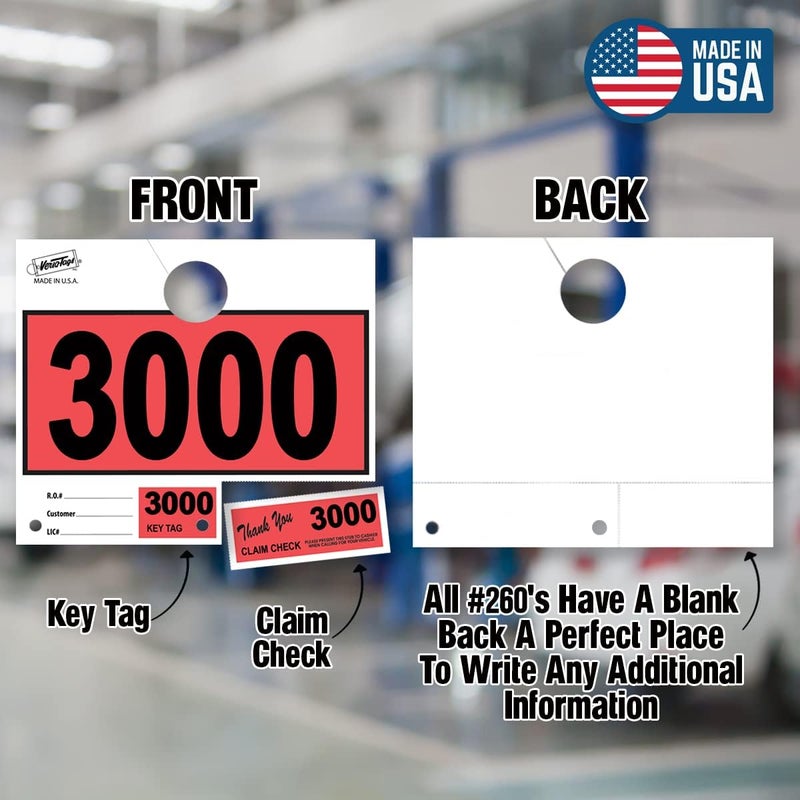 Versa-Tags 1000 Red Car Dealer Service Hang Tags Service Dispatch Numbers, Service Department Numbered Key Tags for Mechanic Repair Shop 3 Part Key Ring - Red (3000-3999) - Image 3